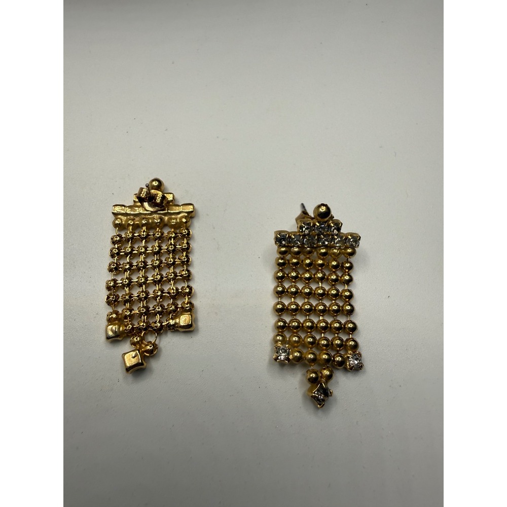Gold Tone Beaded Chandelier Drop Earrings Clear Rhinestone Statement Post Back - Picture 3 of 3